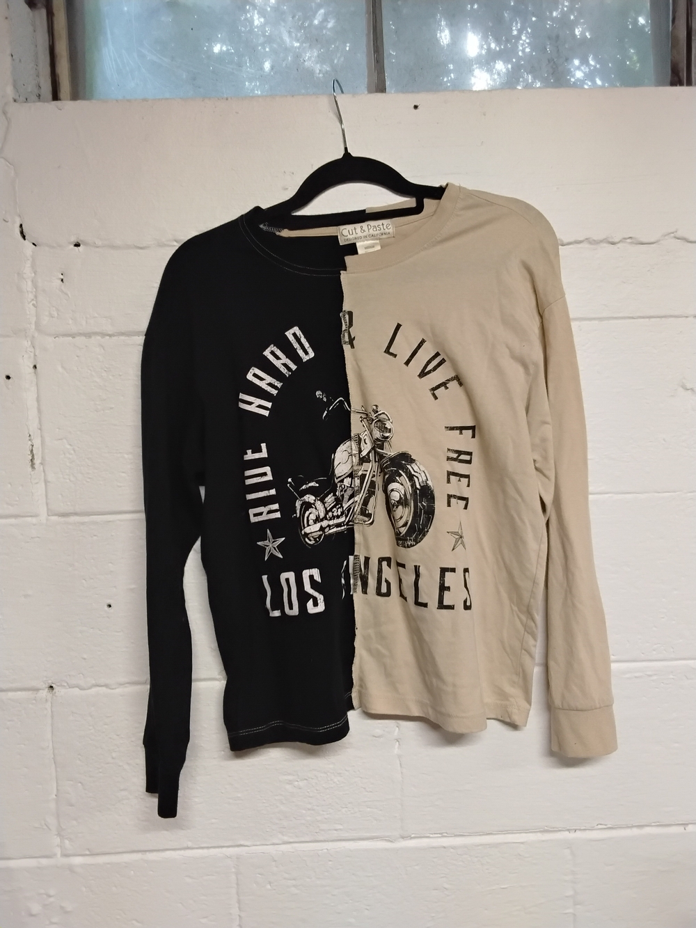 Two-Tone Black and Beige Motorcycle Graphic Long Sleeve Tee